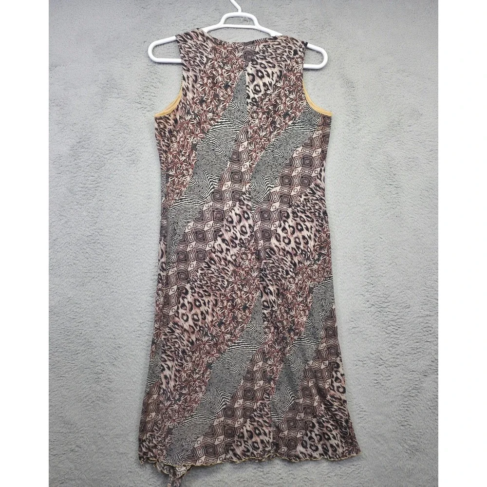 Vintage Kathie Lee Dress Womens XL Brown Patchwork Animal Print Floral Tie Neck‎